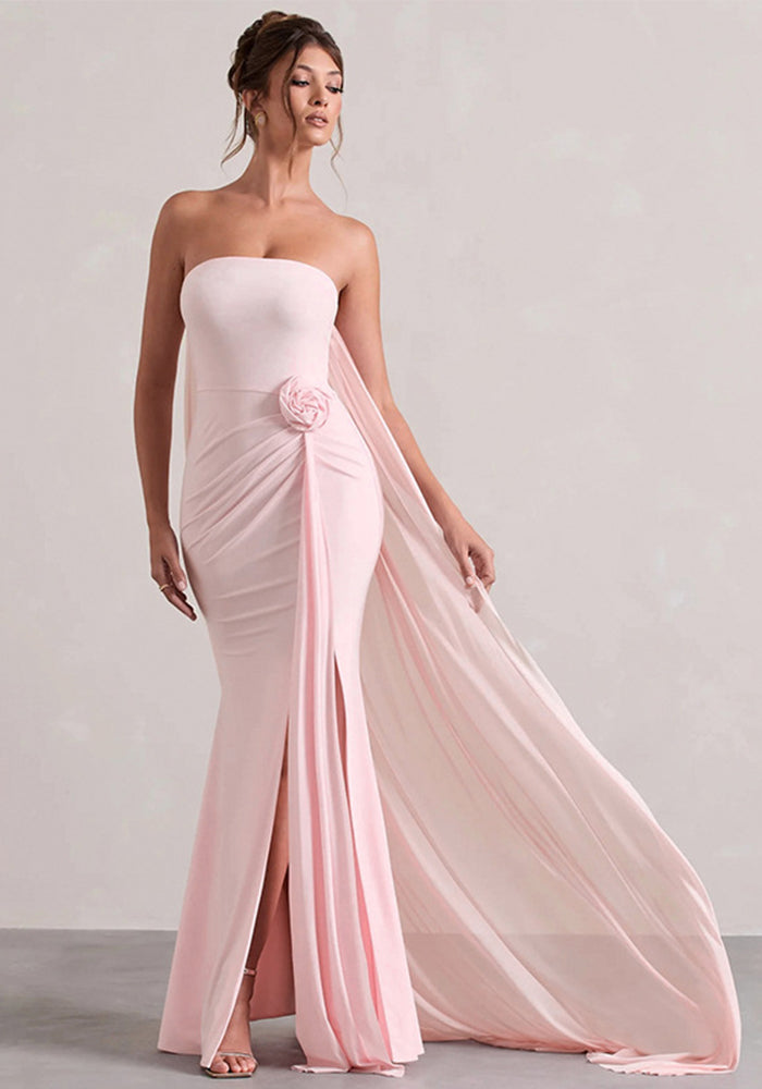 Women Strapless Flower Ribbon Slit Dress Tailed Maxi Dress