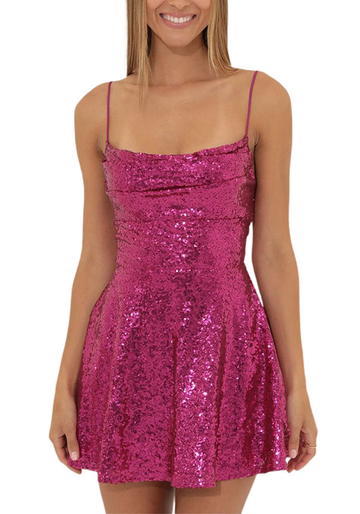 Fashionable Sexy Straps Sequin Bow Contrast Color Dress For Women