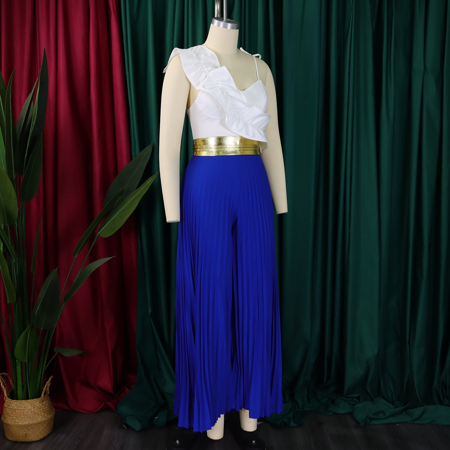 Women's Sexy Ruffle Sleeveless Top Wide Leg Pants Fashion Suit 11