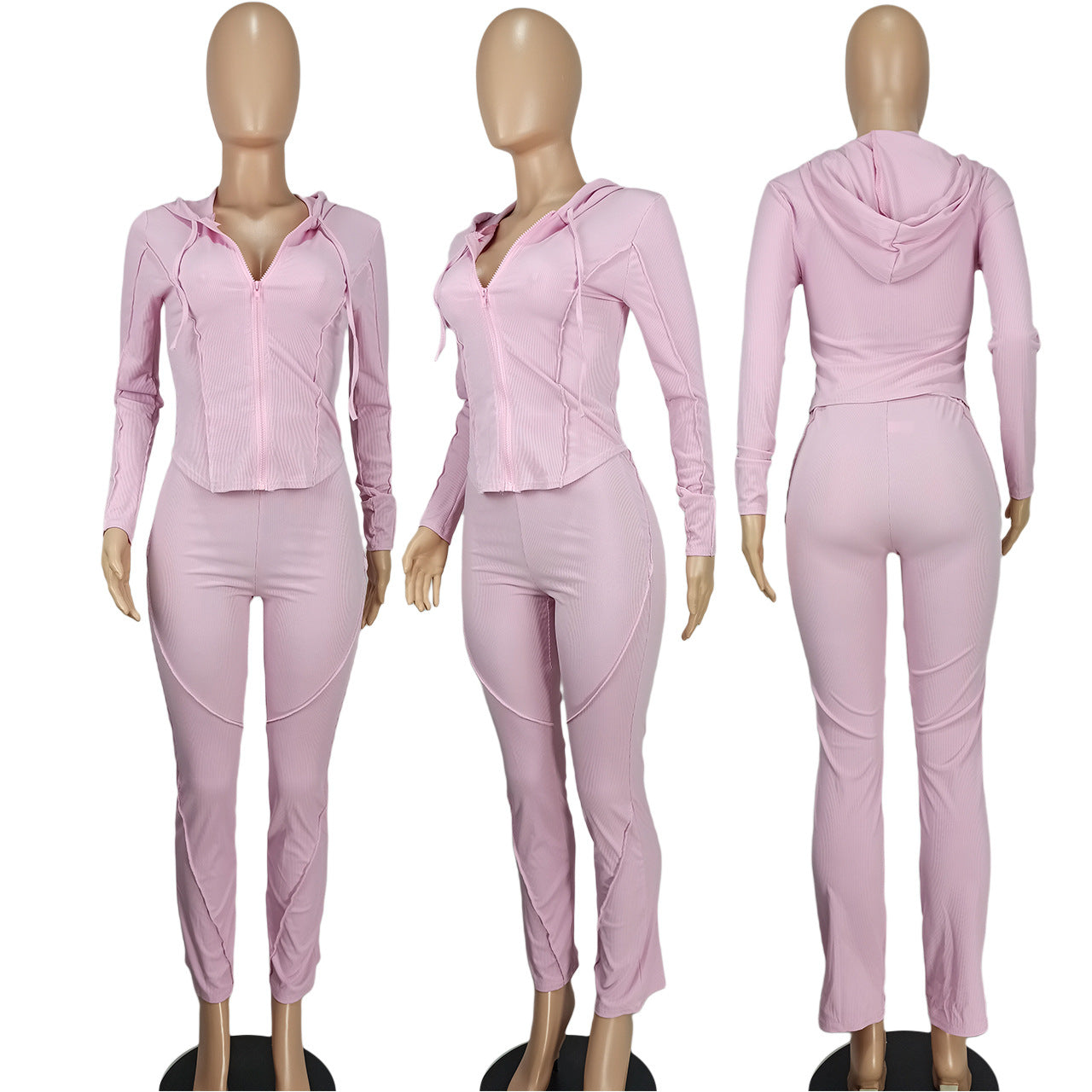 Women's Fashion Casual Ribbed Hooded Two-Piece Pants Set 14