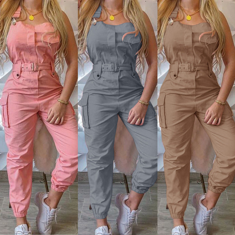 Women's Belt Sleeveless Overalls Cargo Jumpsuit 9