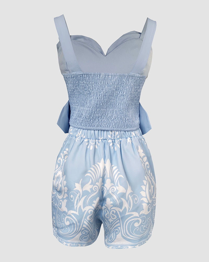 Women's Fashion Rhinestone Bow Decorated Sleeveless Top & Print Shorts Set 4