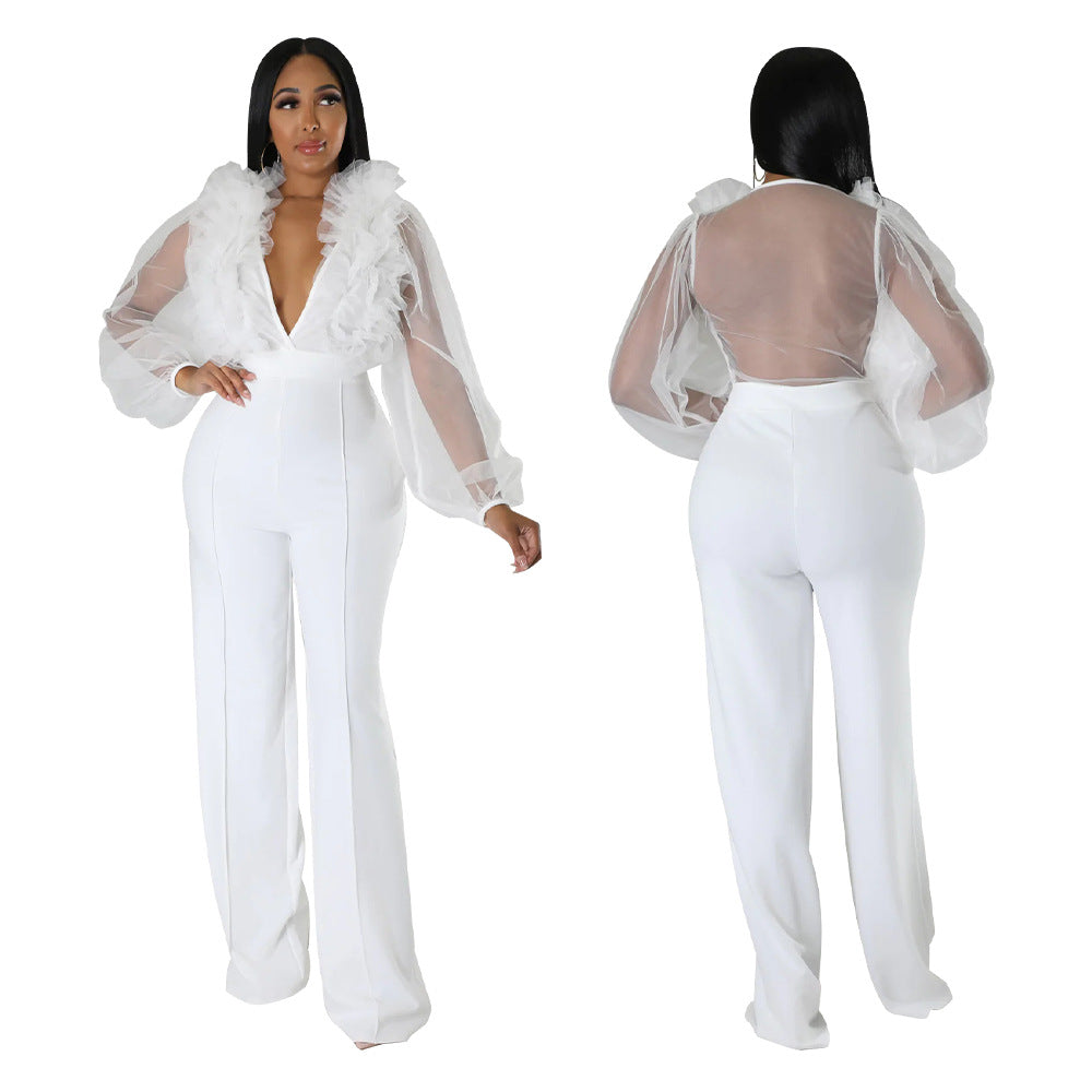 Women Mesh Balloon Sleeve V-Neck Backless Jumpsuit