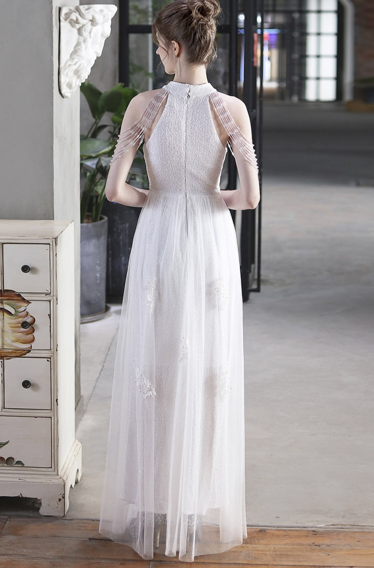 Summer Occassional White Sequin Mesh Patch Halter Evening Dress