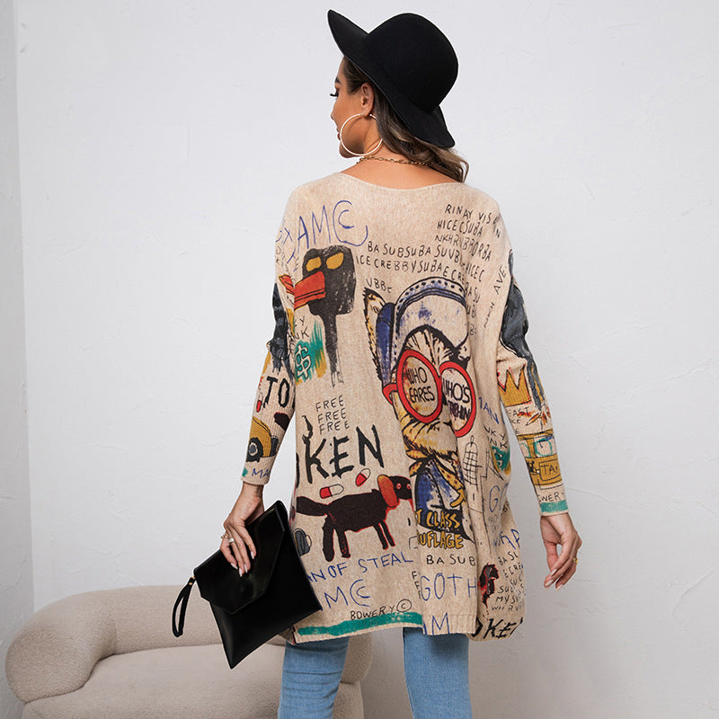 Plus Size Cartoon Print Sweater Long Sleeve Women Casual Pullover Loose Knitting Shirt Top 13
