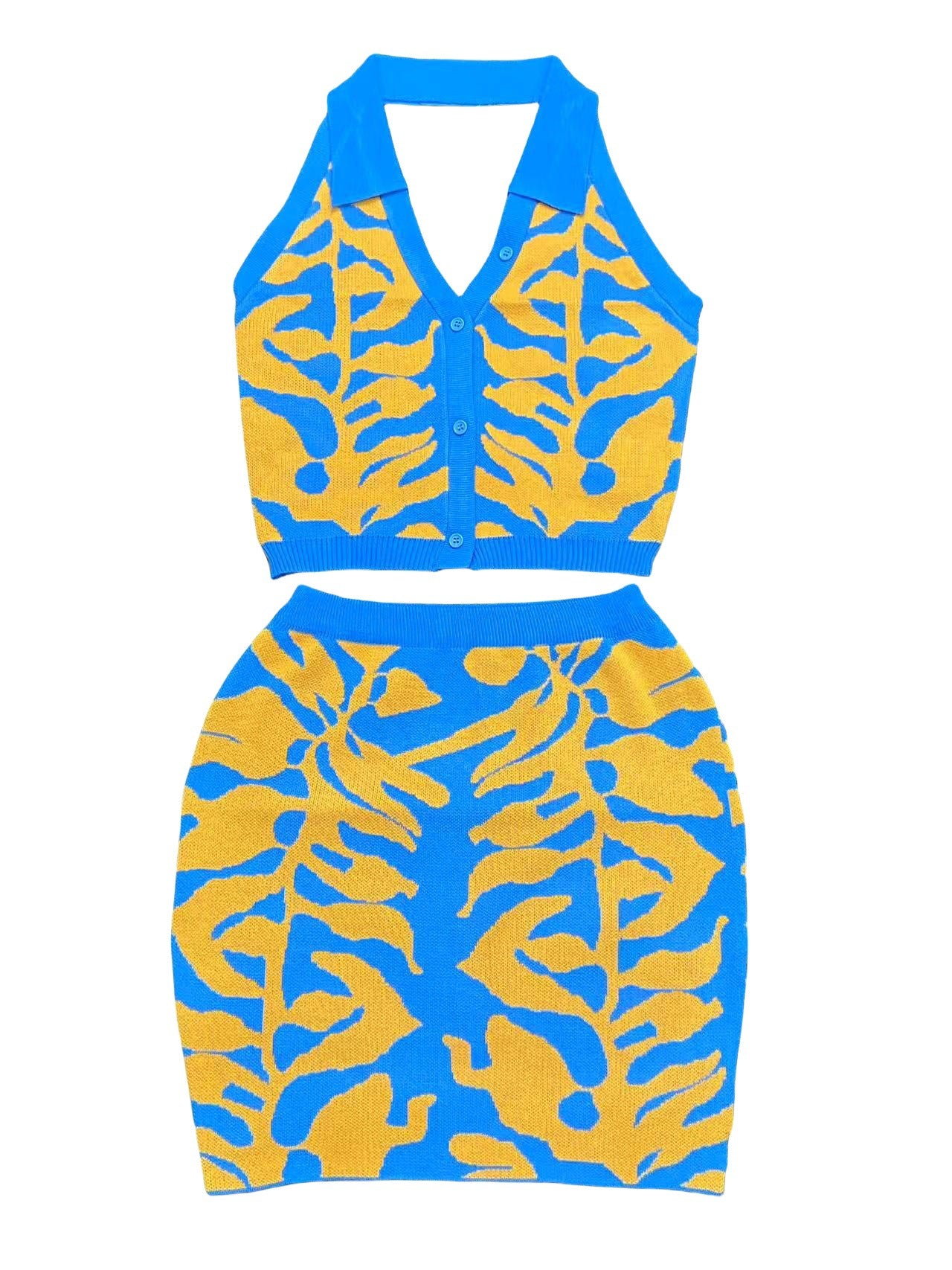 Women tiger print V-neck Halter neck backless top and bodycon skirt two-piece set 17
