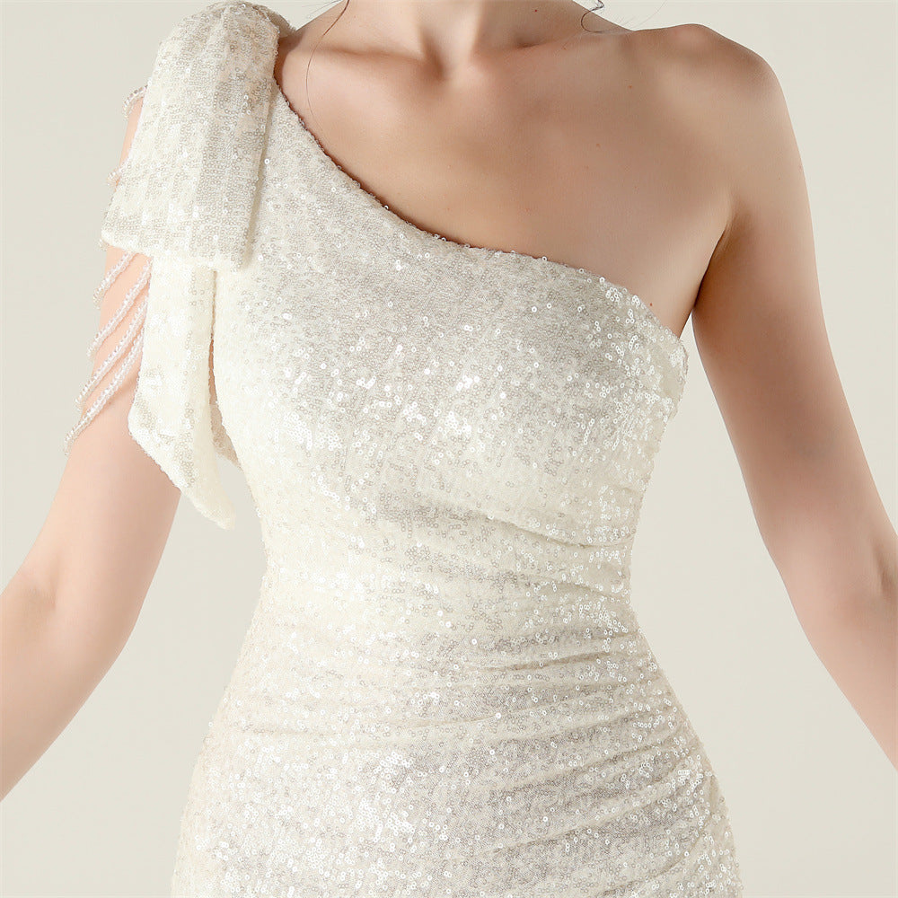 Plus Size Women clothing one-shoulder nail flower beaded evening dress 43