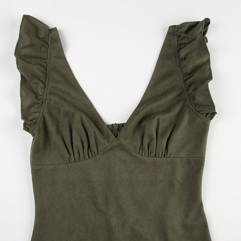 Vintage Olive Green Ruffled Patchwork Flying Sleeve Dress Chic V-Neck Slim Waist  A-Line Long Dress 11