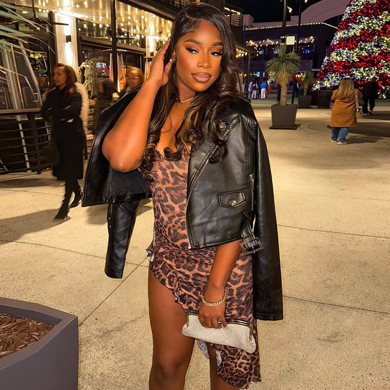 Summer Women's Sexy Low Back Halter Neck Lace-up Asymmetric Leopard Dress 10