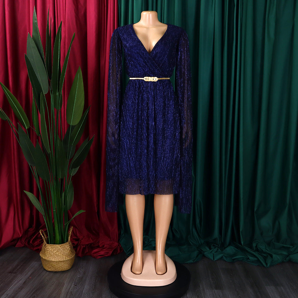 Belted V-Neck Chic Long Sleeve Cape Slim Waist Gown Dress 33