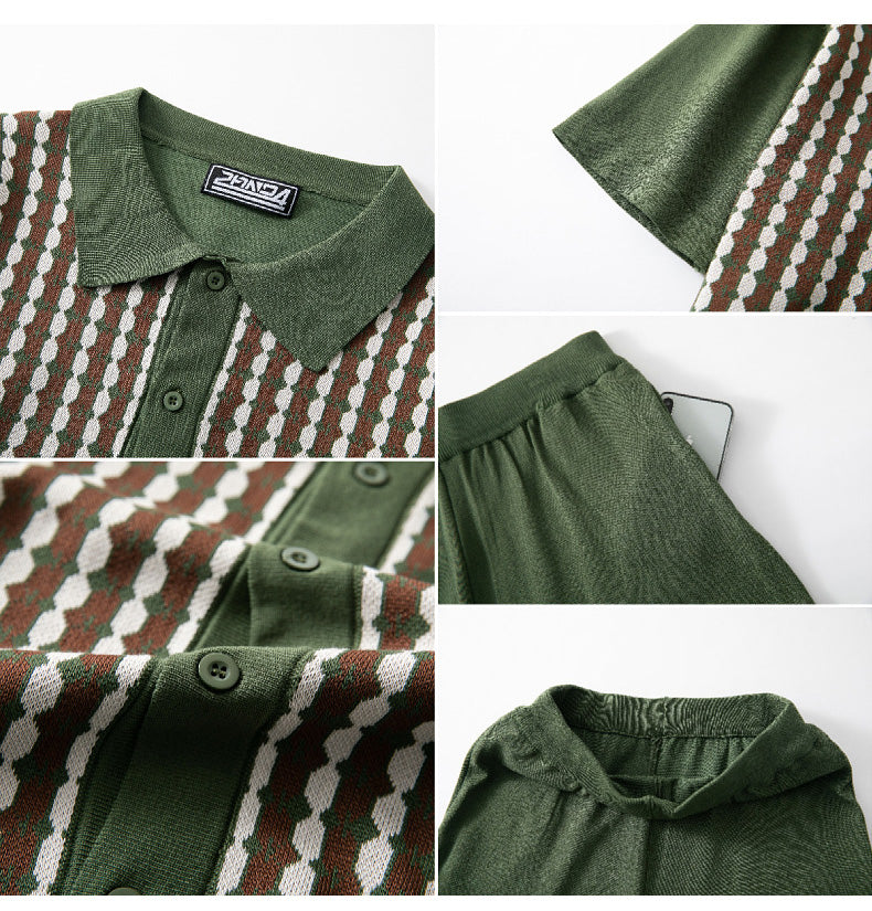 Men's Summer Knitting Polo Top and Shorts Two Piece 9