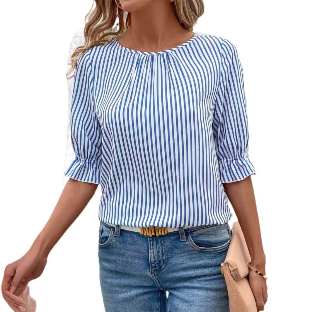 Summer Women's Clothing Plus Size Loose Striped Three-Quarter Sleeve Shirt 6