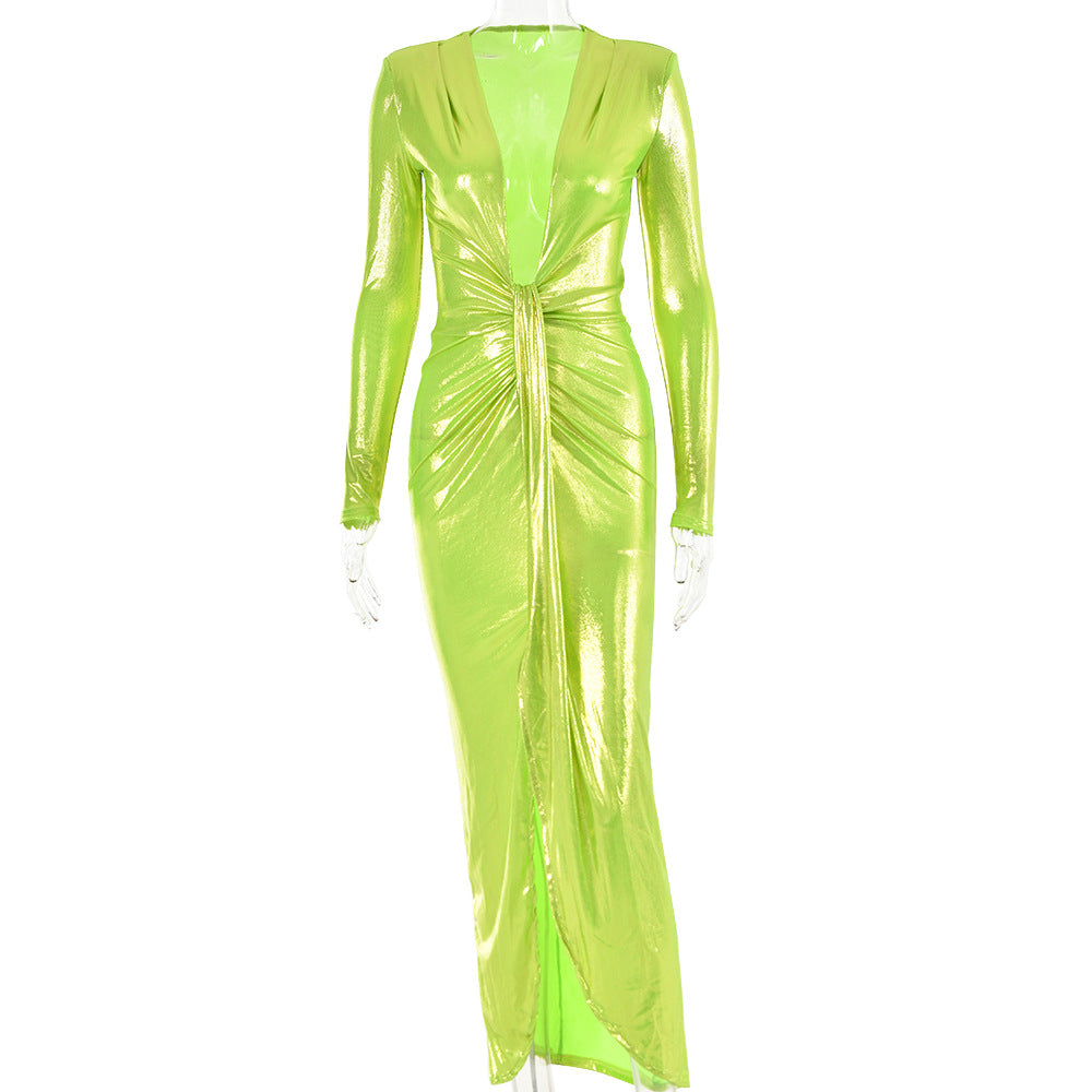 Sexy Chic V-Neck Long Sleeve Patchwork Pleated Leather Dress 8