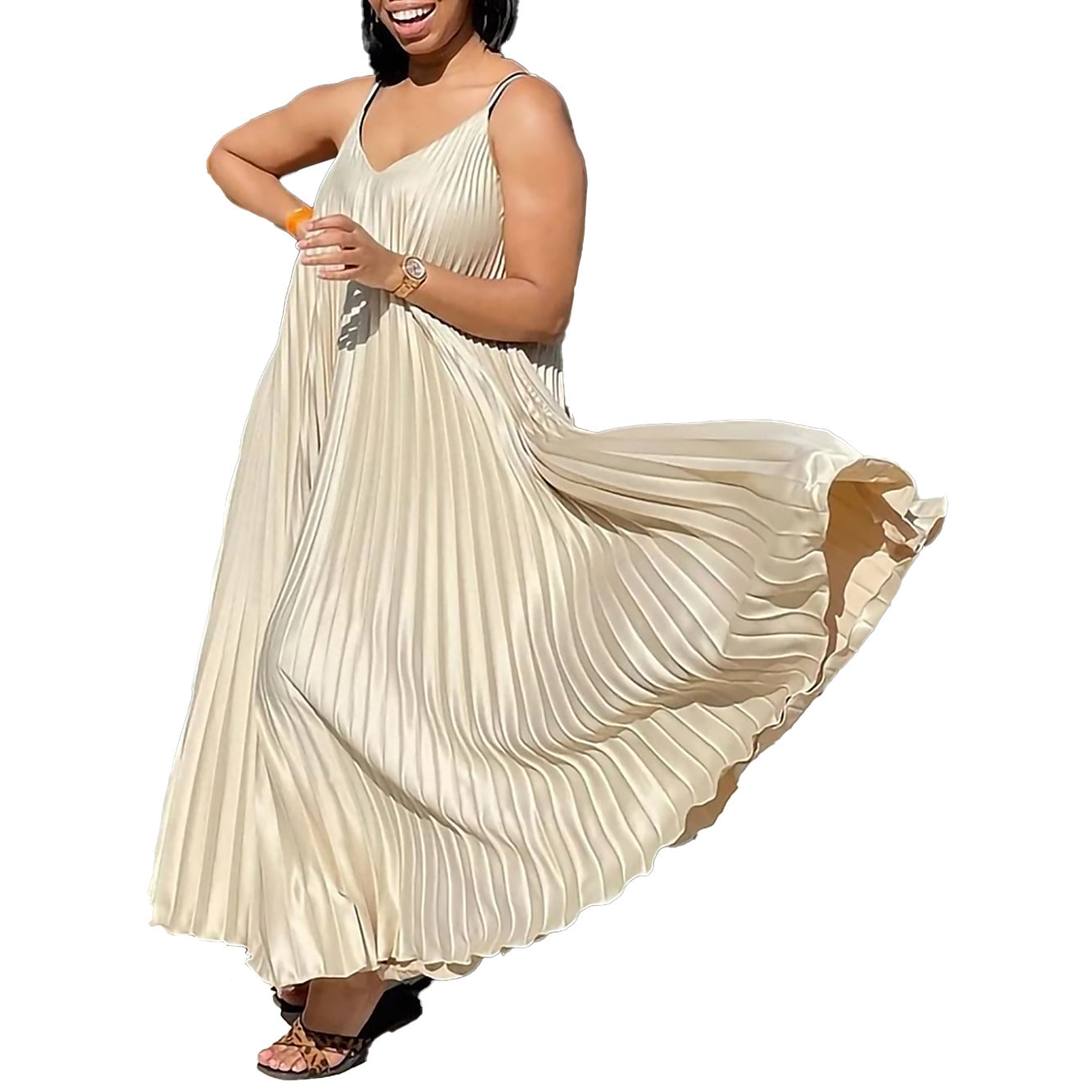 African Women's Summer Style Loose V-Neck Strap Pleated  Holidays Long Dress 13