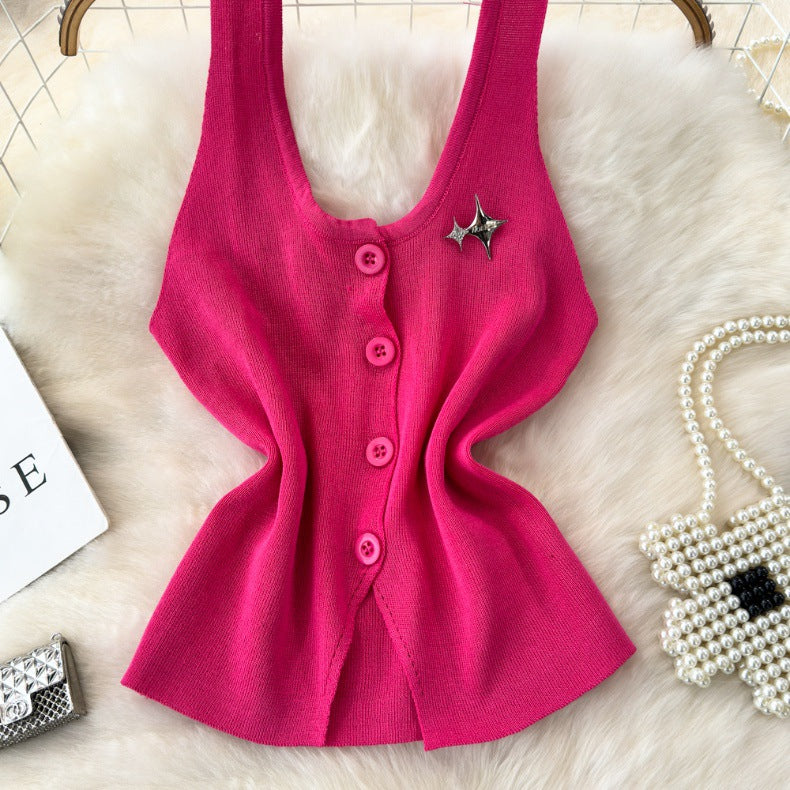 Fashionable Halter Neck Low Back Breasted Slim Fit Knitting Vest Women's Outdoor Wear Trendy Basic Top 25