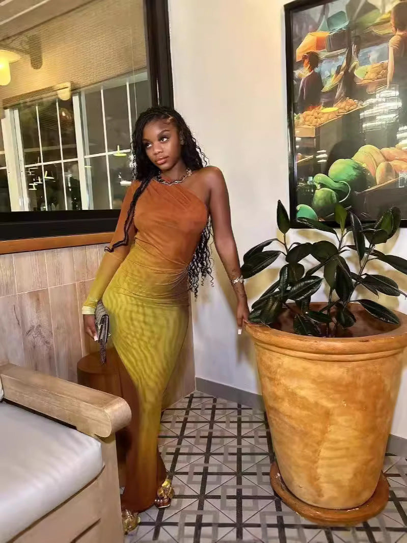 Summer Fashion Sexy Slash Shoulder Single Sleeve Gradient Color Slim Long Dress 4