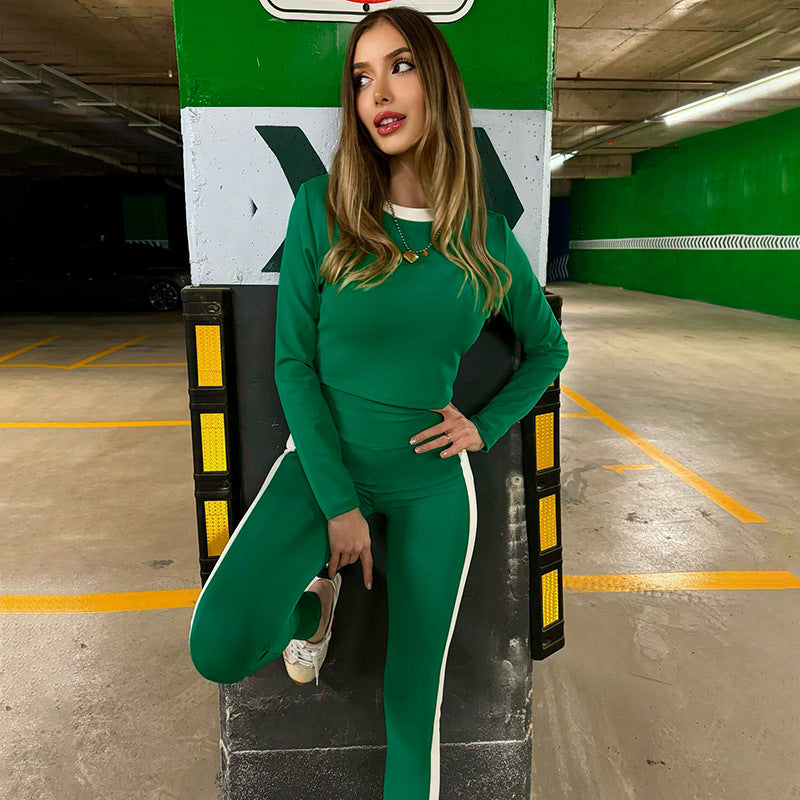 Women contrast long sleeve Crop Top and trousers Casual two-piece set
