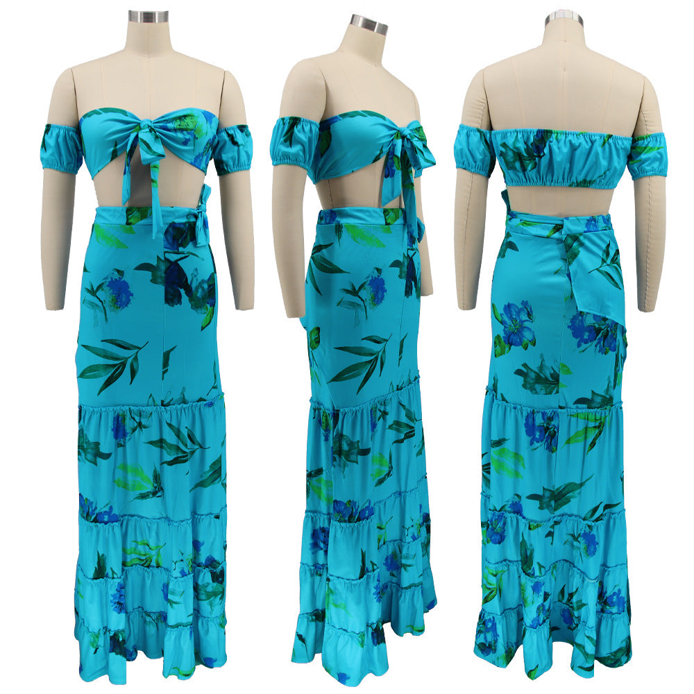 Women summer printed short-sleeved crop Top and slit Skirt sexy two-piece set 8