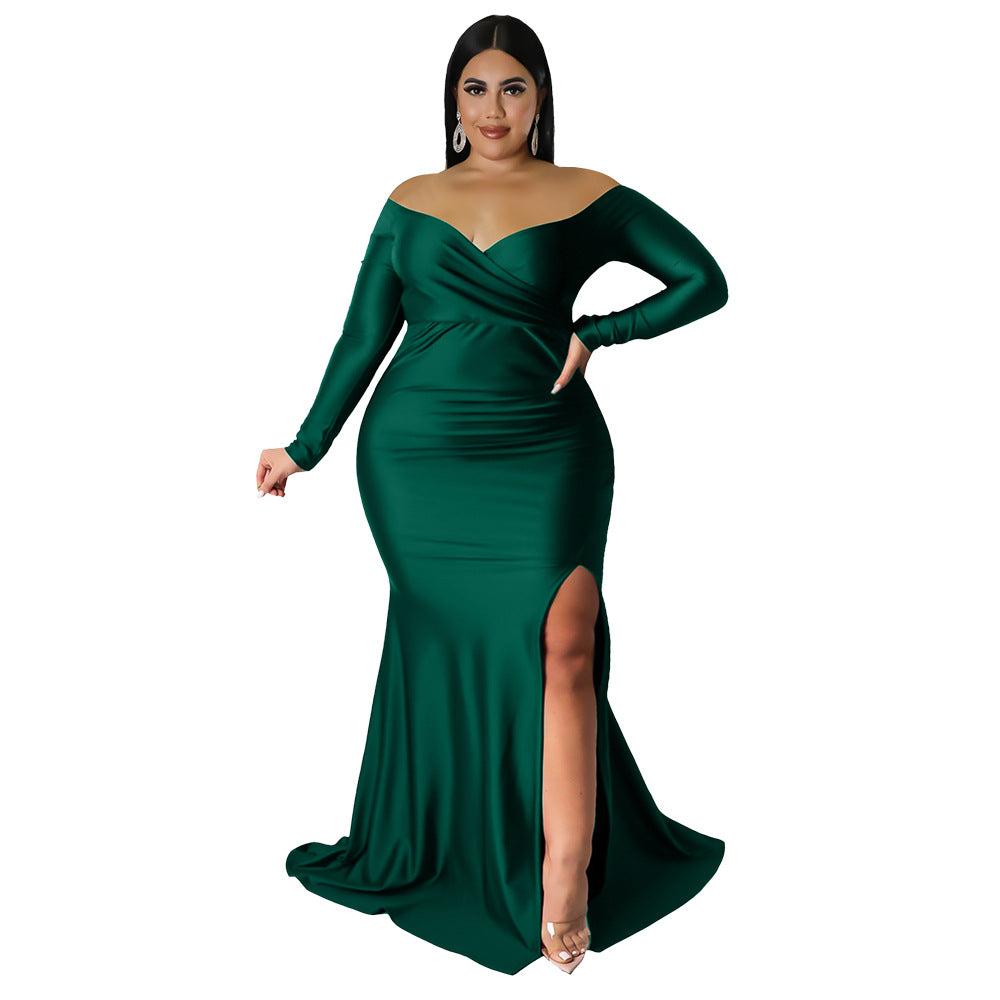 Autumn And Winter Plus Size Women'S Sexy Dress Nightclub V-Neck Solid Color Split Long Dress 9