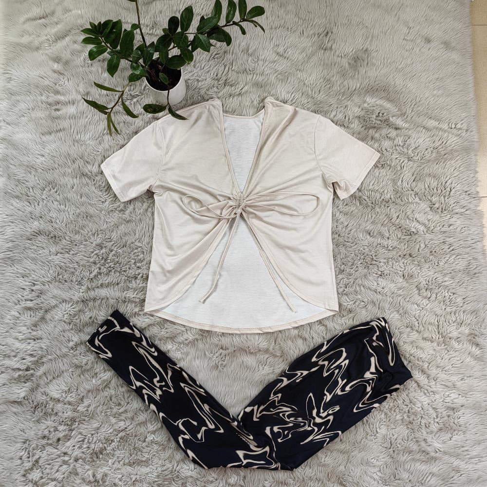 Women's Spring Printed Low Back T-shirt Pants Casual Two Piece Set 4