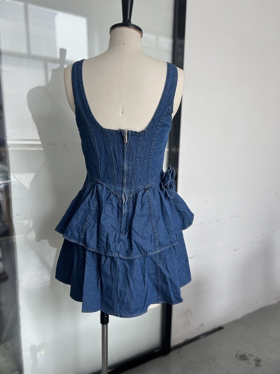 Autumn Women's Floral Layered Casual Style Denim Strap Dress 14