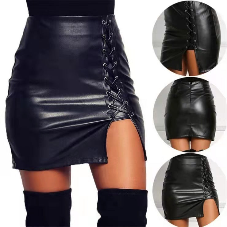 Women Lace-Up High Waisted Bodycon Split Skirt