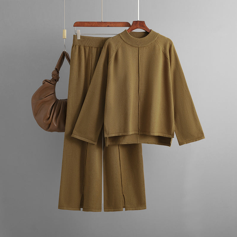 Women autumn and winter loose solid sweater and slit wide-leg pants two-piece set 12