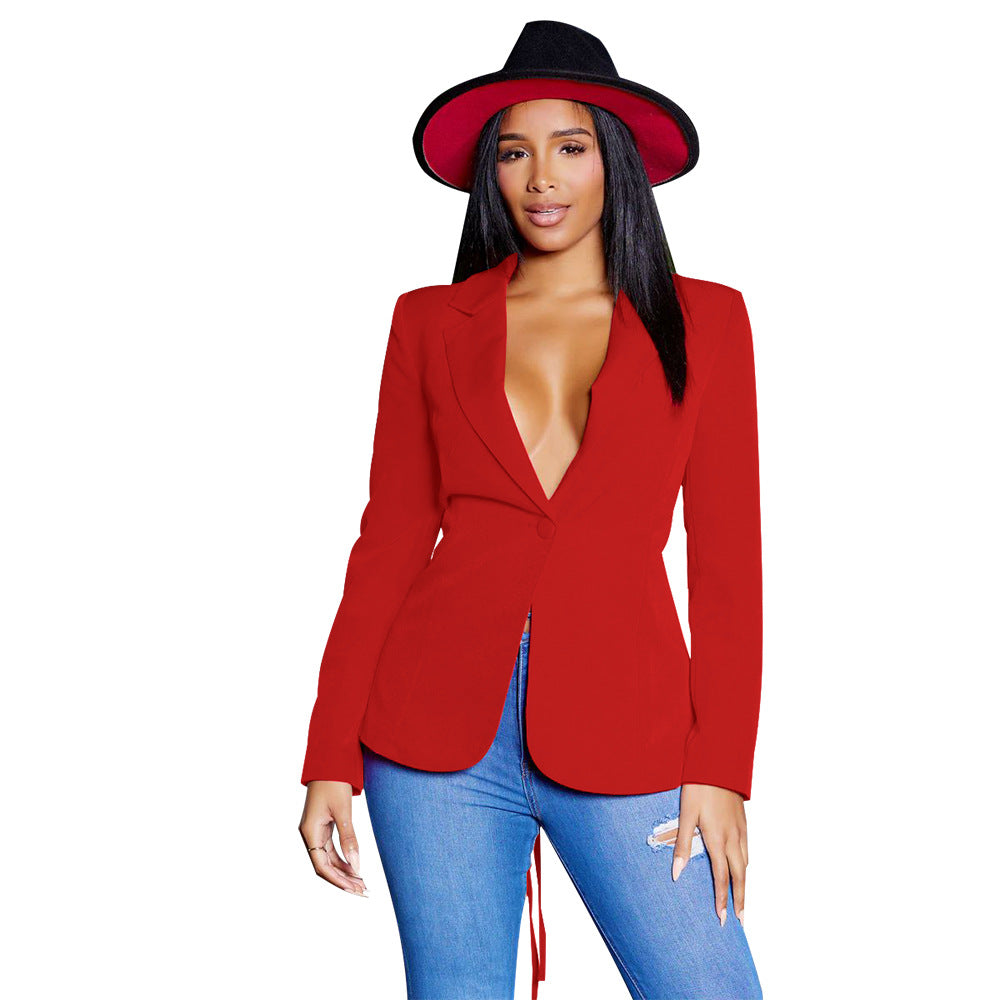 Fashion Women's Sexy V Neck Blazer Solid Color Long Sleeve Coat 13