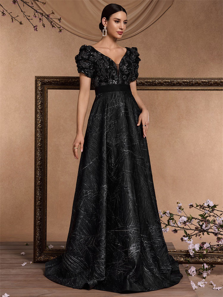 Women's Elegant Chic Sequin Patchwork Short Sleeve Cocktail Formal Evening Dress 4