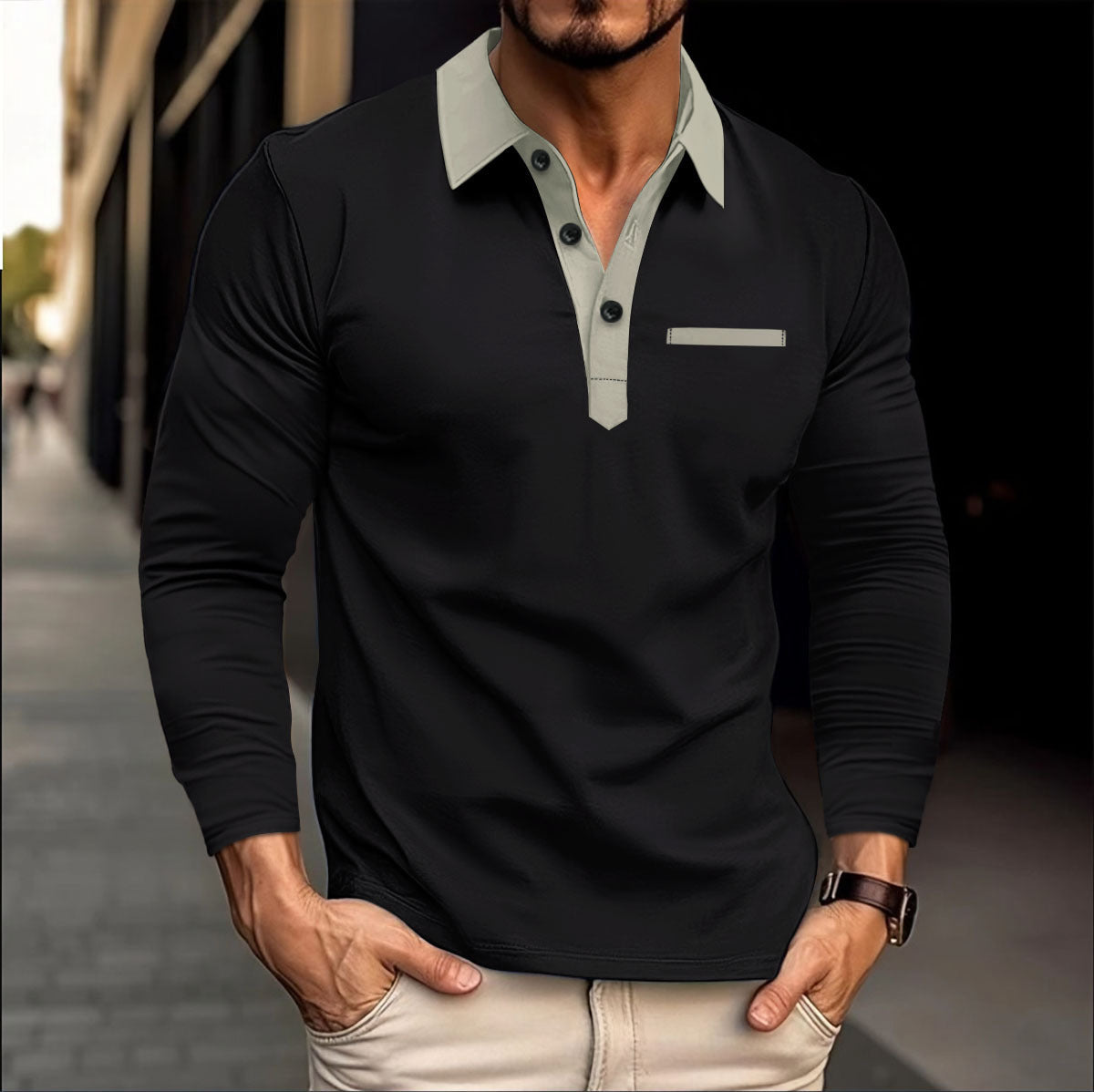 Autumn winter men's long-sleeved polo shirt Turndown Collar fashion color matching top 3