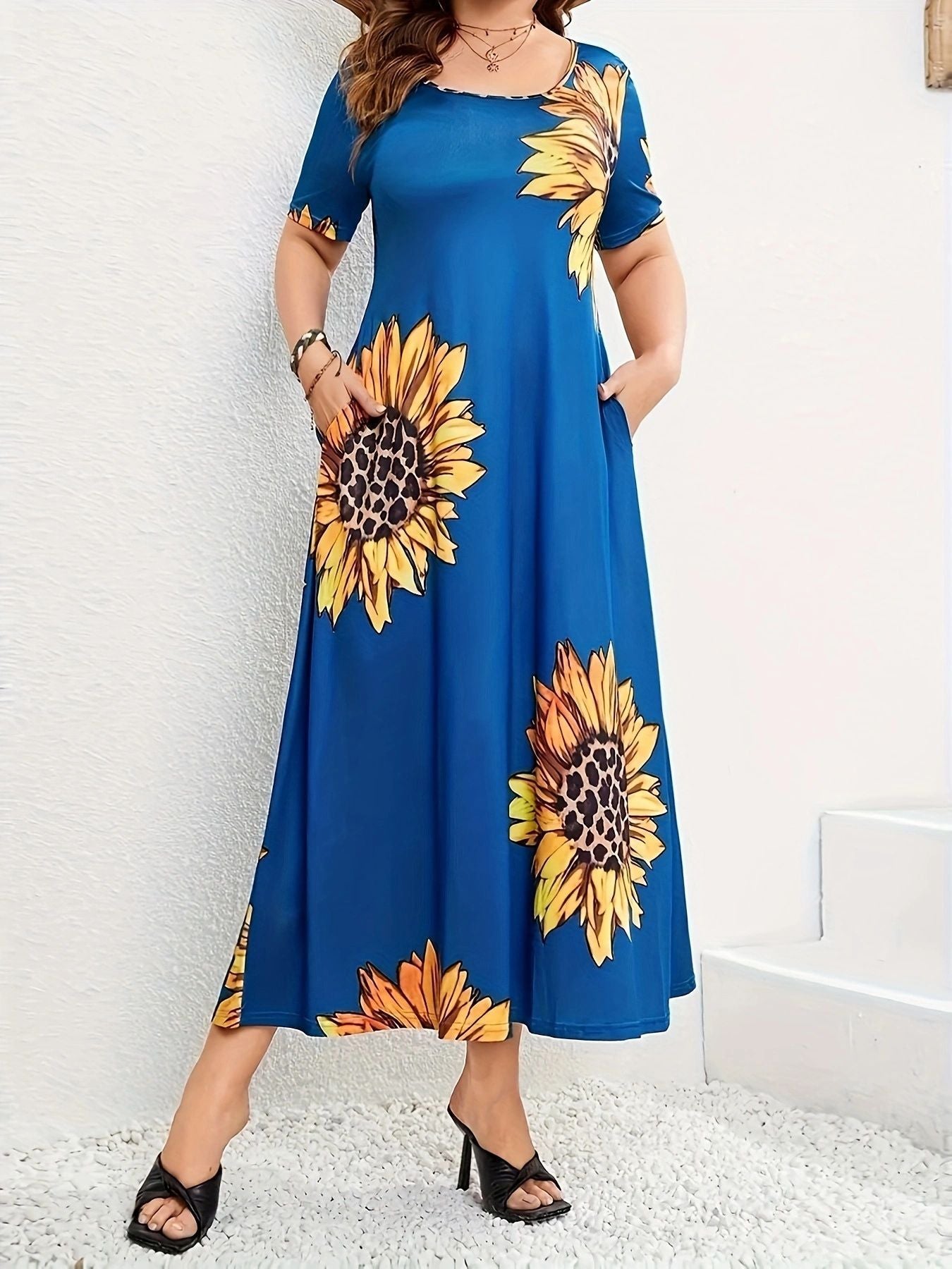 Sunflower Print Loose Short Sleeve Summer Long Dress 11