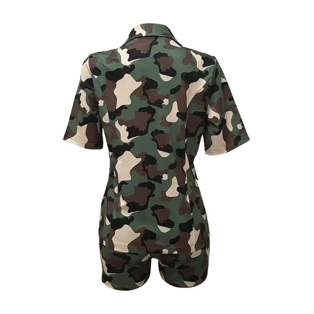 Women popular camouflage printed short-sleeved top and shorts Casual two-piece set 4