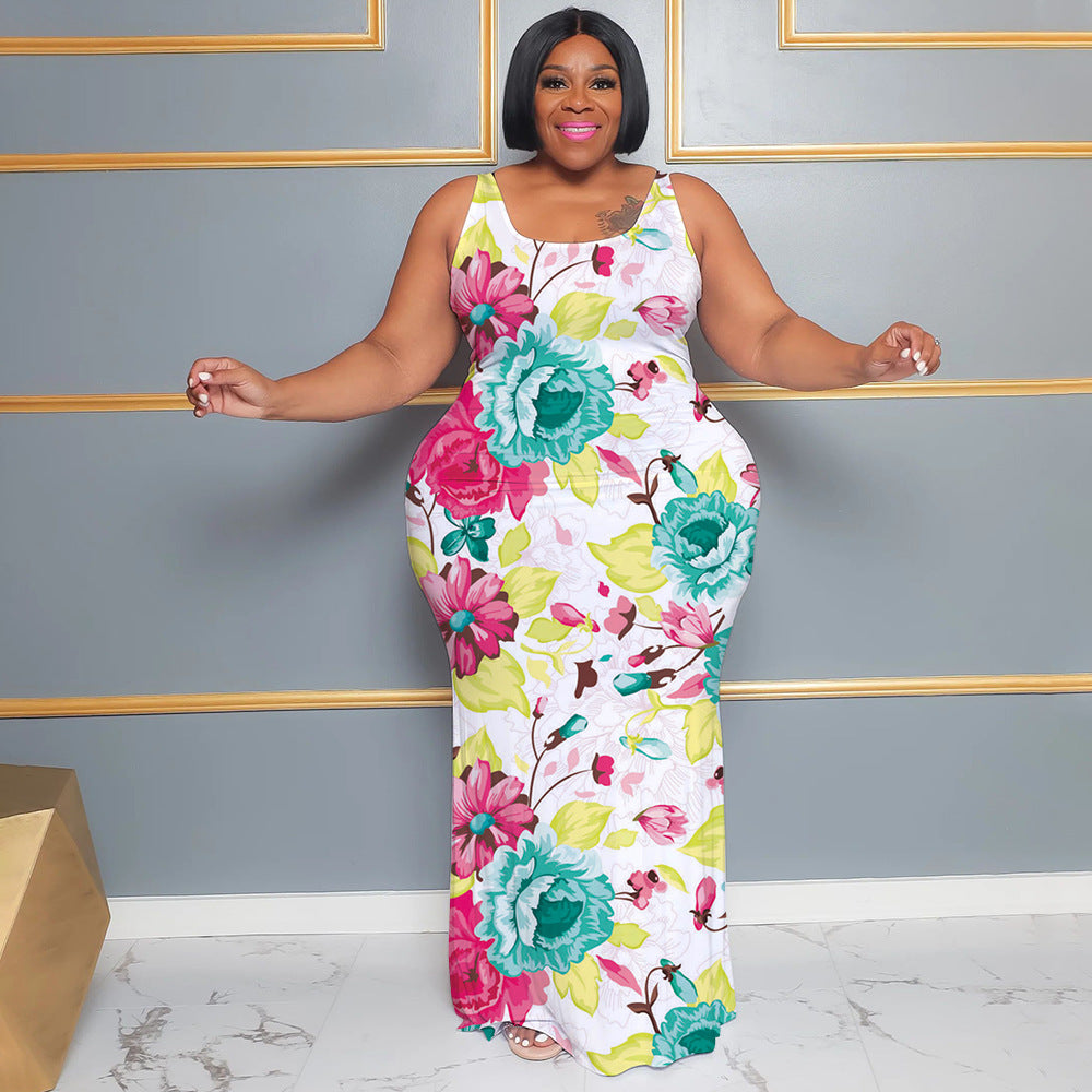 Plus Size Women's Summer Casual Sleeveless Digital Print Long Dress 4