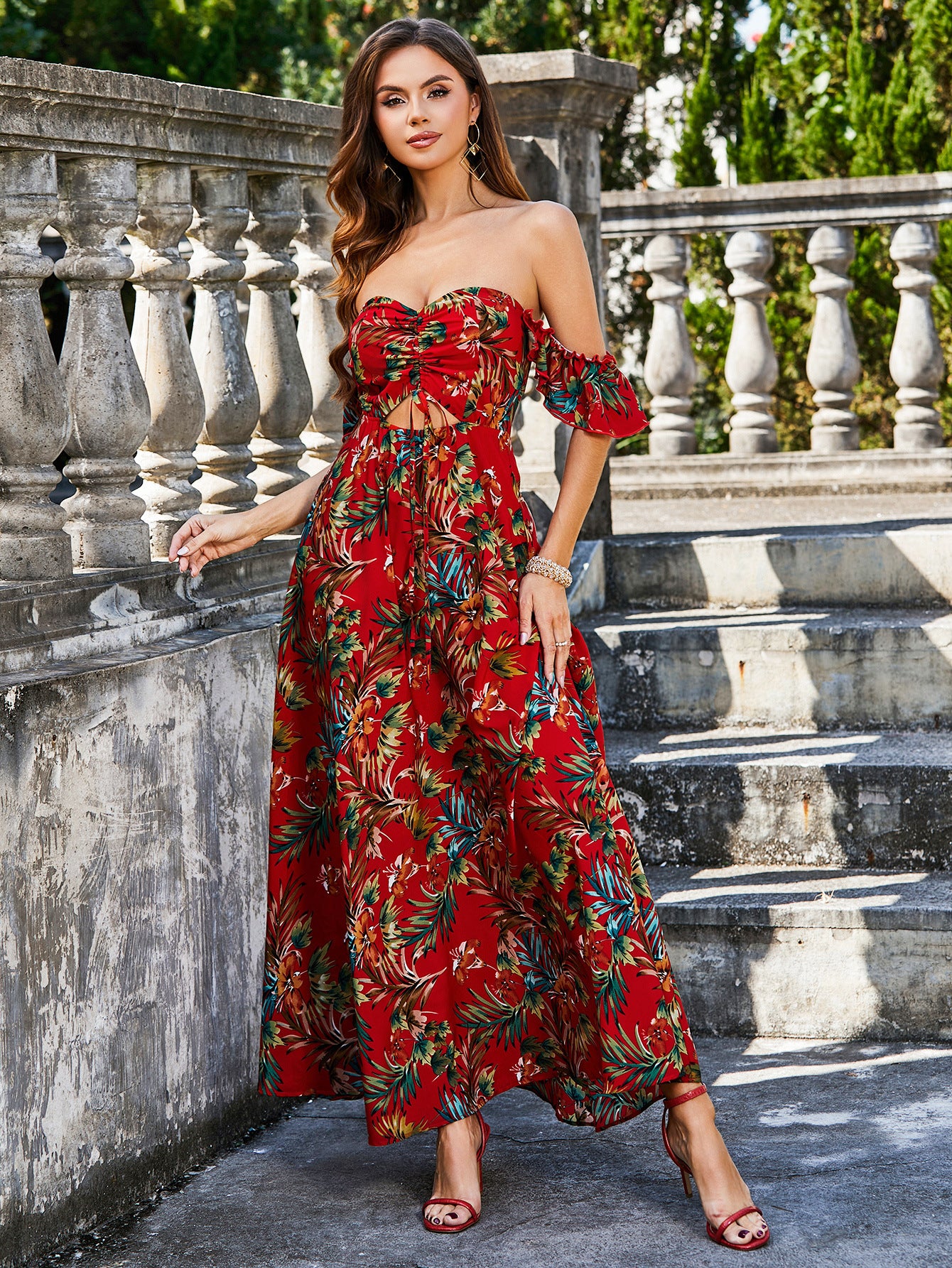 Summer Women print hollow strap Strapless sexy and elegant Backless Dress 5