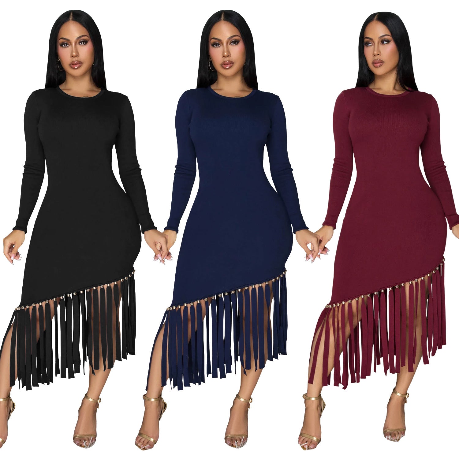 Women Solid Round Neck Tassel Dress 8
