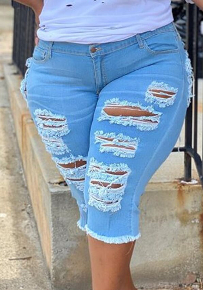 High Waist Elastic Plus Size Ripped Denim Pants