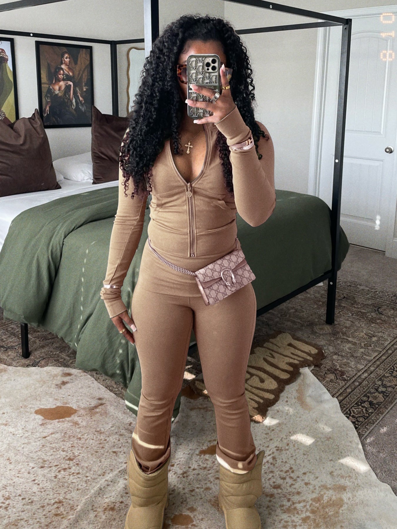 Women Sports Casual Zipper Top and Bell Bottom Pants Two-piece Set 5