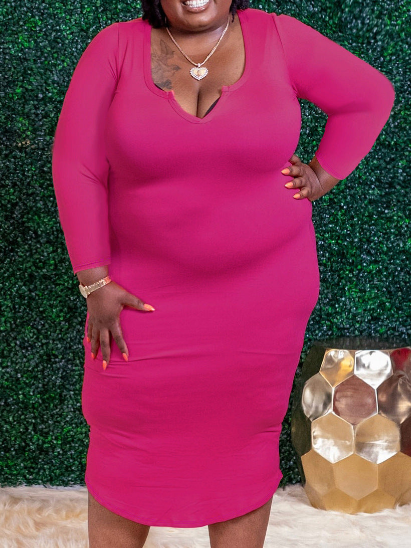 Plus Size Women Sexy V-Neck Long Sleeve Bodycon Dress 3