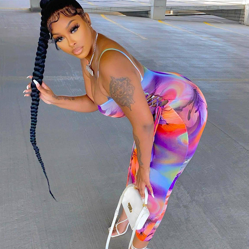 Street Trendy Printed Strap Lace-Up Long Dress 5