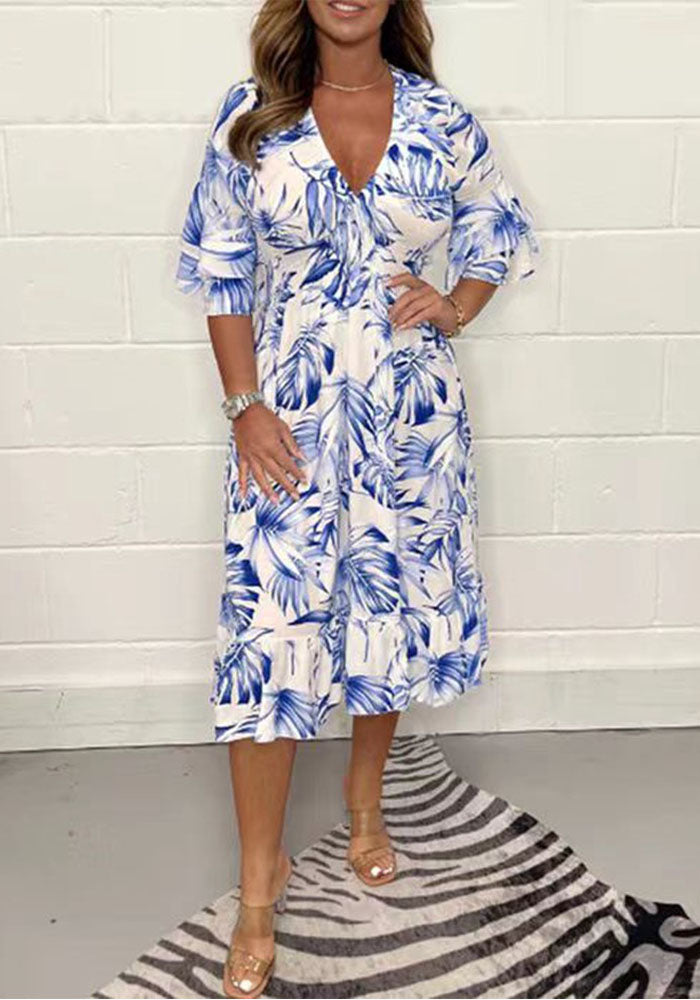 Summer Printed Casual V-Neck Long-Sleeved Dress