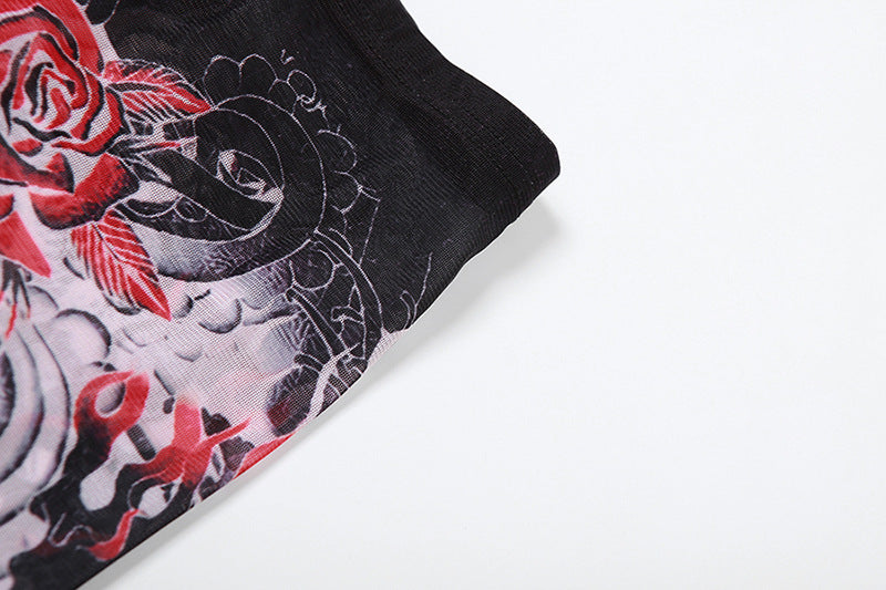 Women sexy mesh See-Through printed Top and high-waisted Casual trousers two-piece set 18