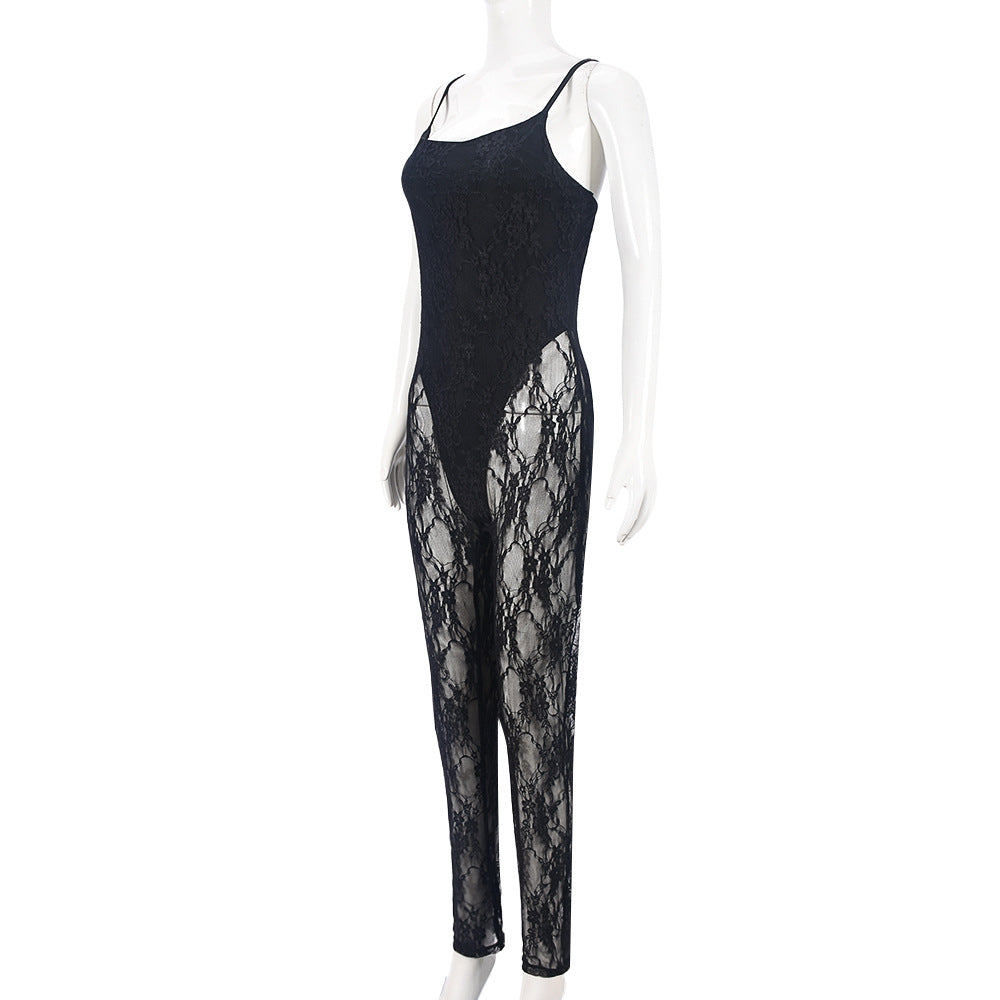 Sexy Autumn Women's strap See-Through mesh High Stretch tight slim jumpsuit 7