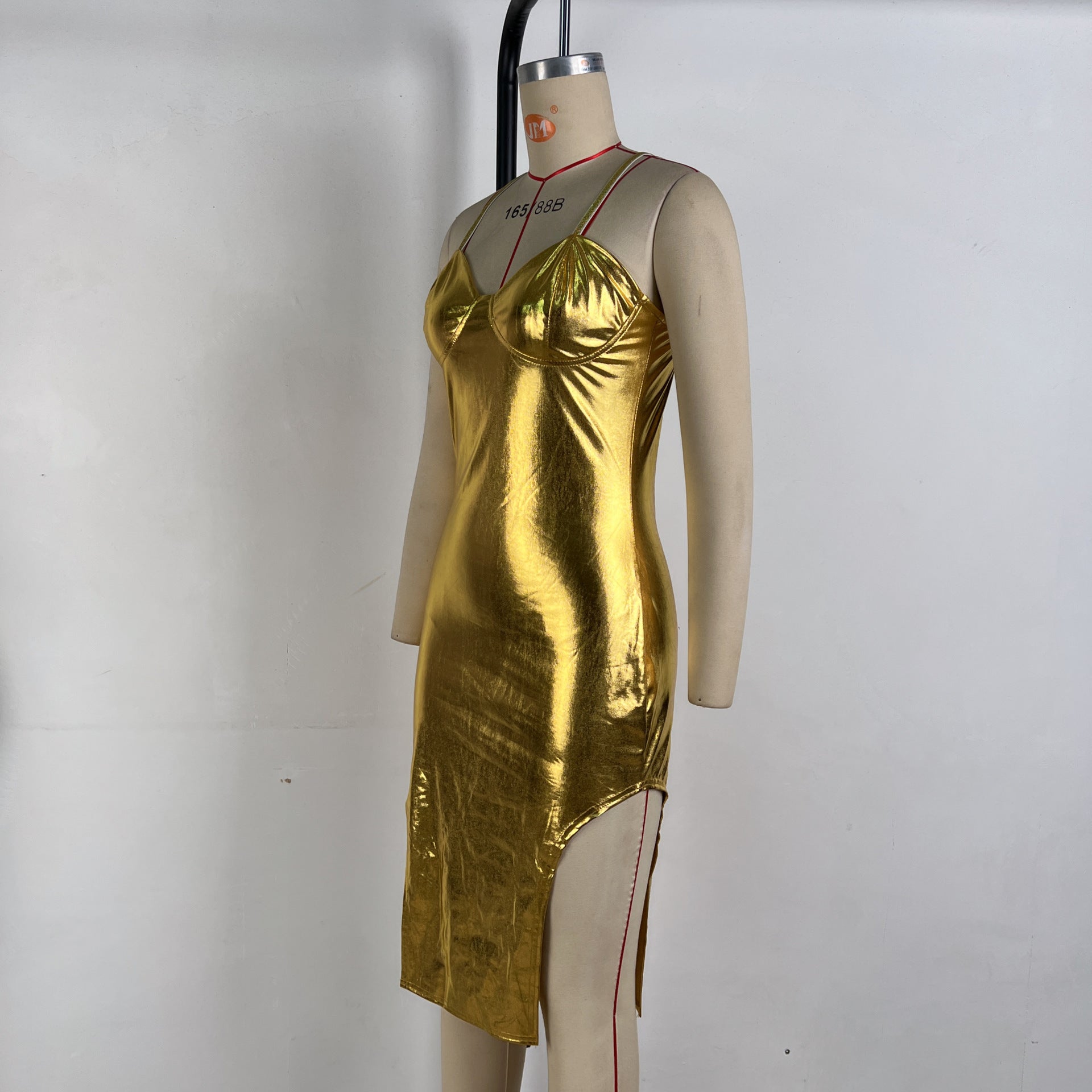 Women autumn shiny strapless sexy bodycon irregular strap Dress 6