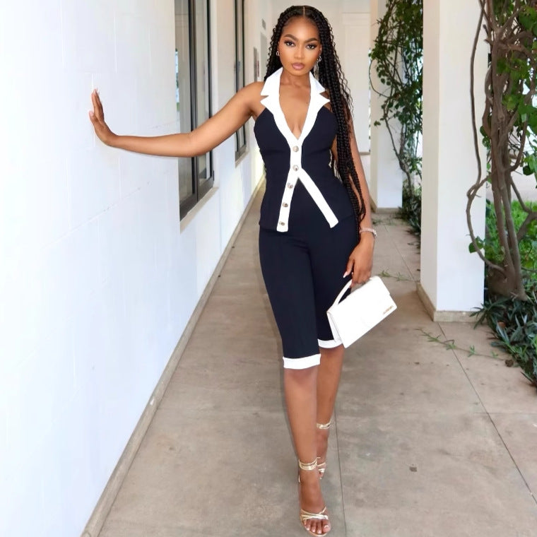 Women Sleeveless Contrast Cardigan Vest Top and Shorts Two-piece Set 5