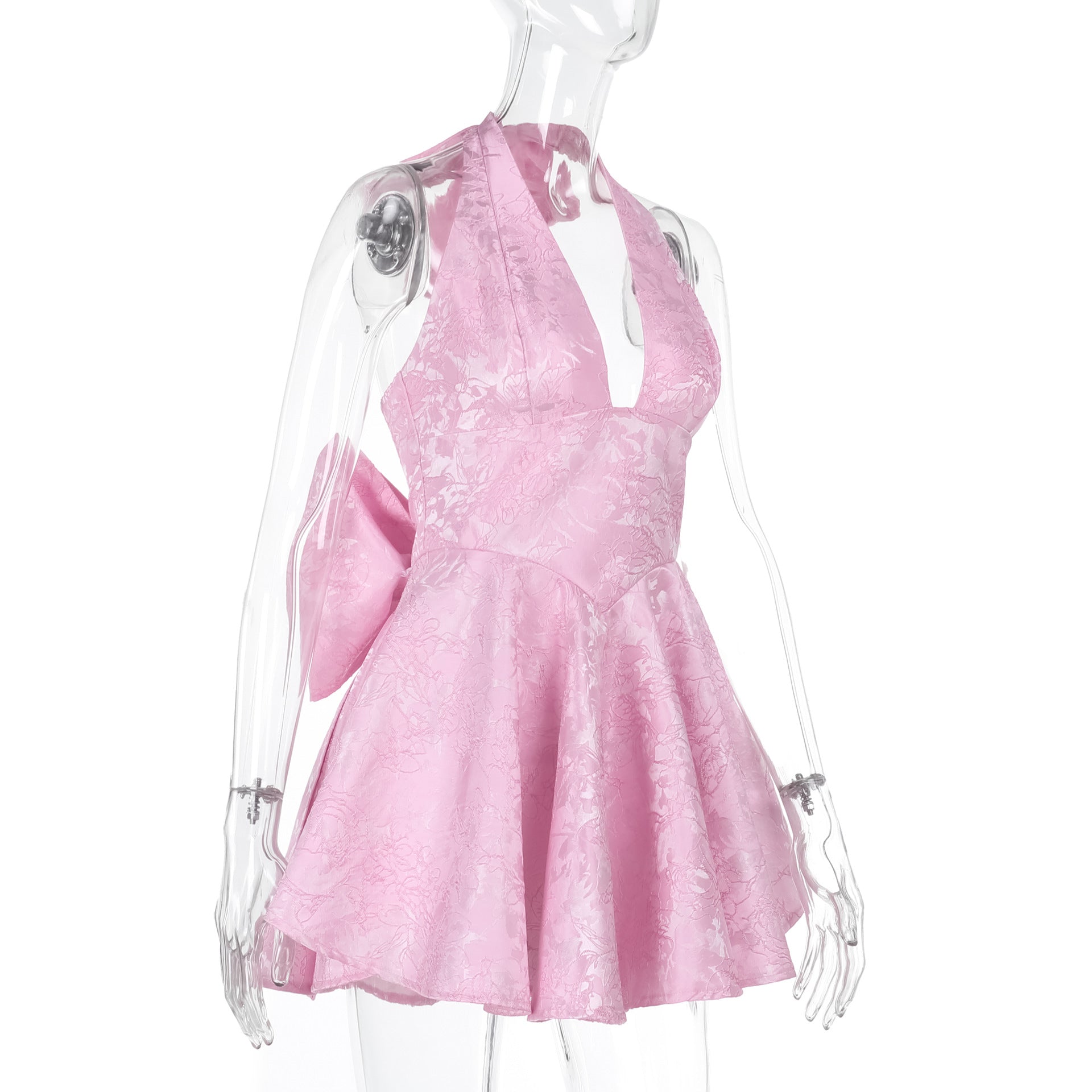 Women Spring Sexy Jacquard Halter Neck Bow Dress 6