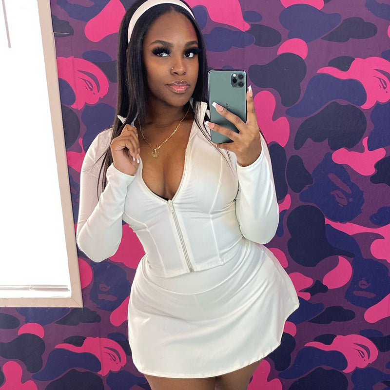 Women Sporty Casual Stand Collar Long-Sleeved Zippered Top and Pants Two-Piece Set