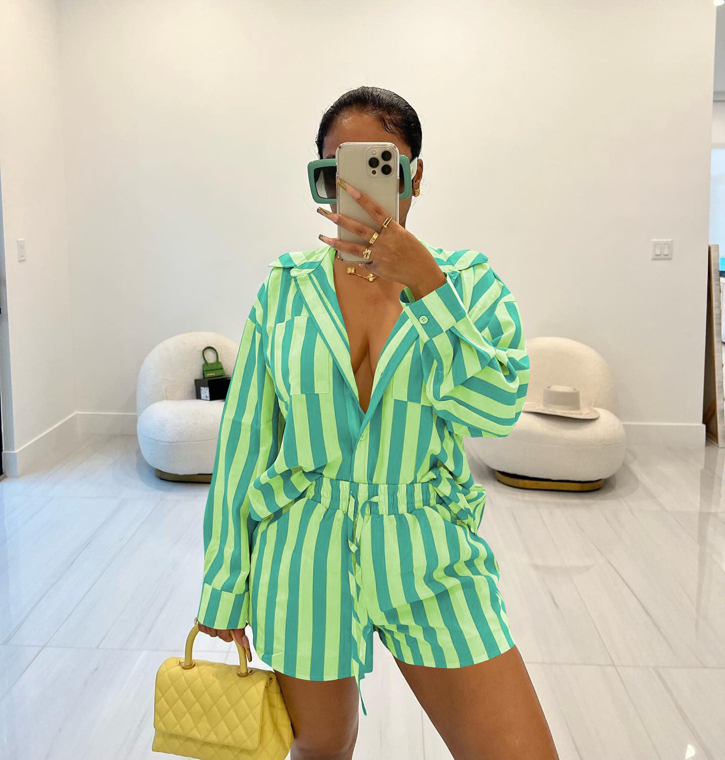 Women Casual striped shirt and Lace-Up shorts two-piece set