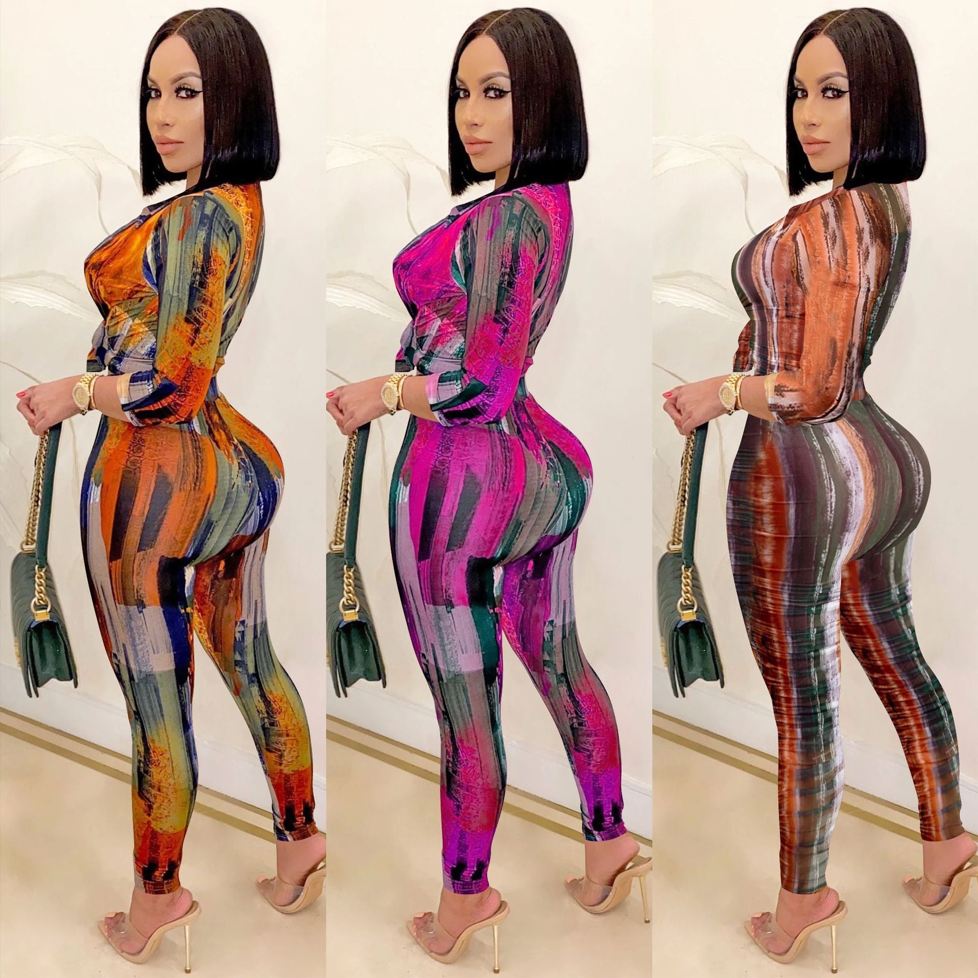 Trendy Print V-Neck Long-Sleeve Two-Piece Pants Set 15