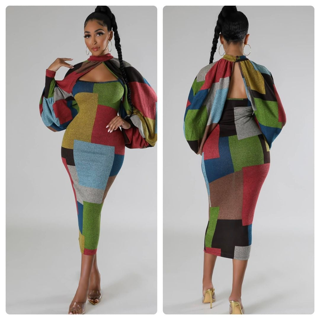 Women Patchwork Contrast Print Long Sleeve Dress 4