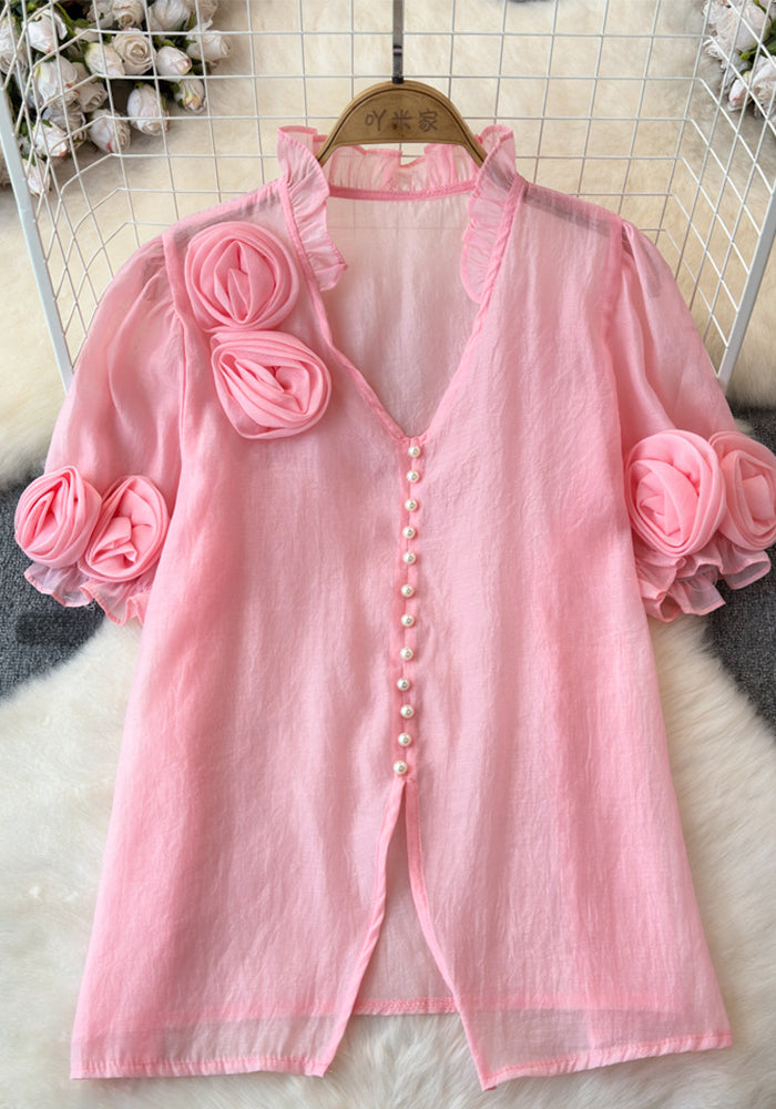 Women French Summer Short Sleeve Flower Mesh Shirt